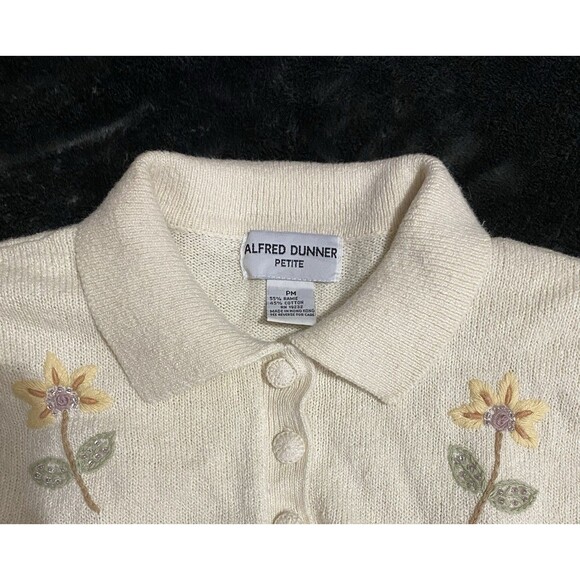 Alfred Dunner Petite PM Sweater Vintage Embroidered Floral Beaded White Cotton - Picture 12 of 13